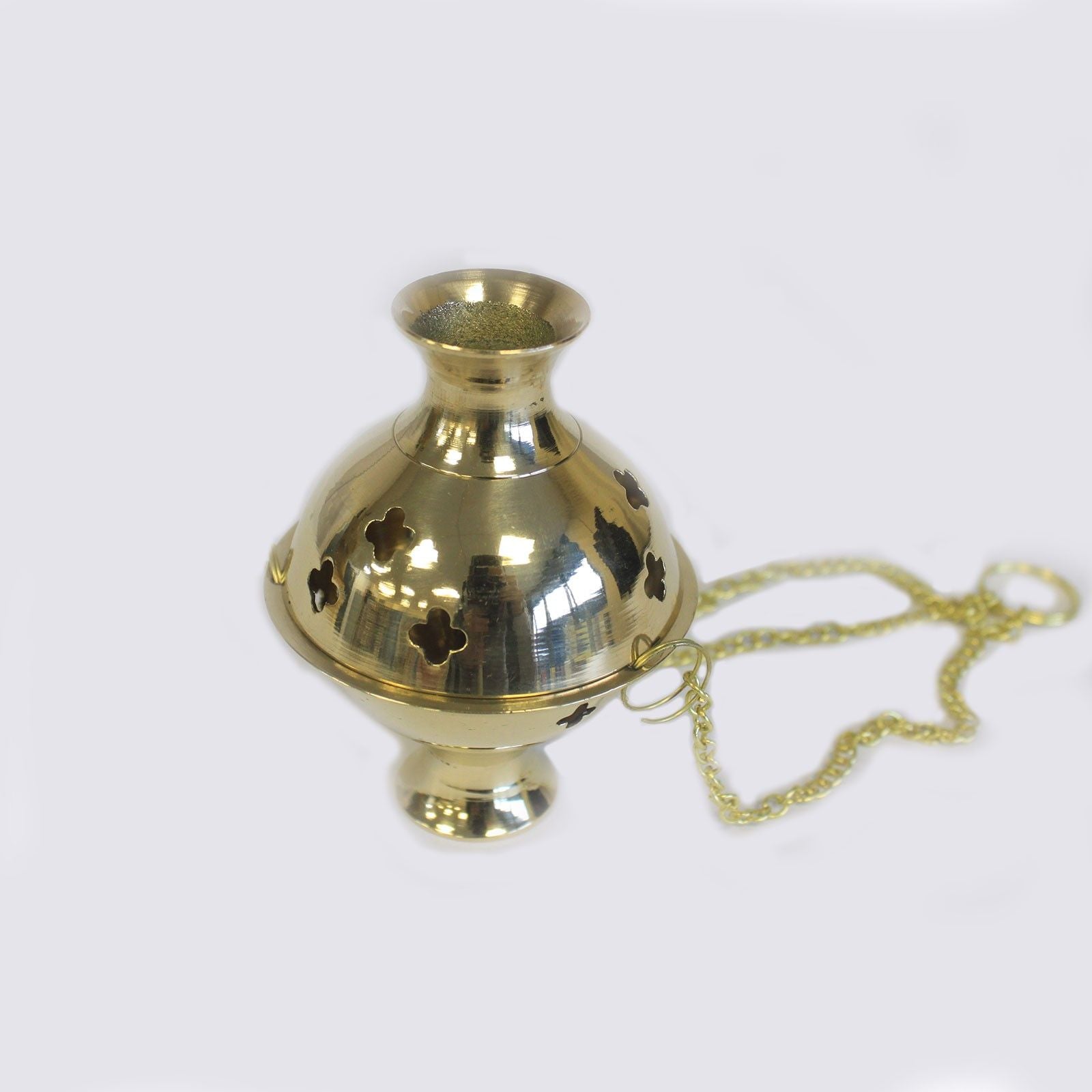 Polished brass hanging incense burner with traditional thurible design, decorative cut-outs, and sturdy hanging chains.