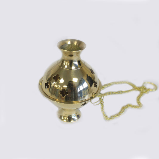 Polished brass hanging incense burner with traditional thurible design, decorative cut-outs, and sturdy hanging chains.