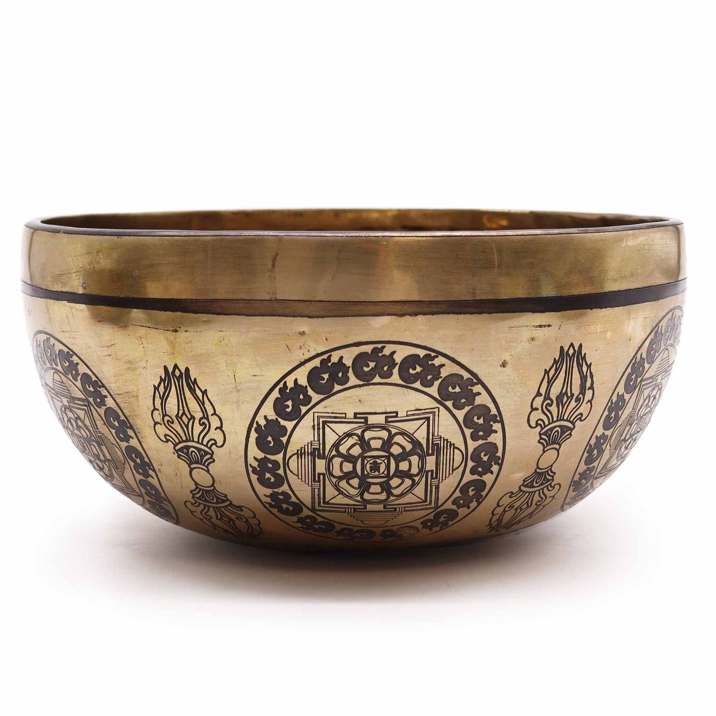 Large handcrafted brass singing bowl featuring intricate engravings of the five Buddhas on the exterior surface.