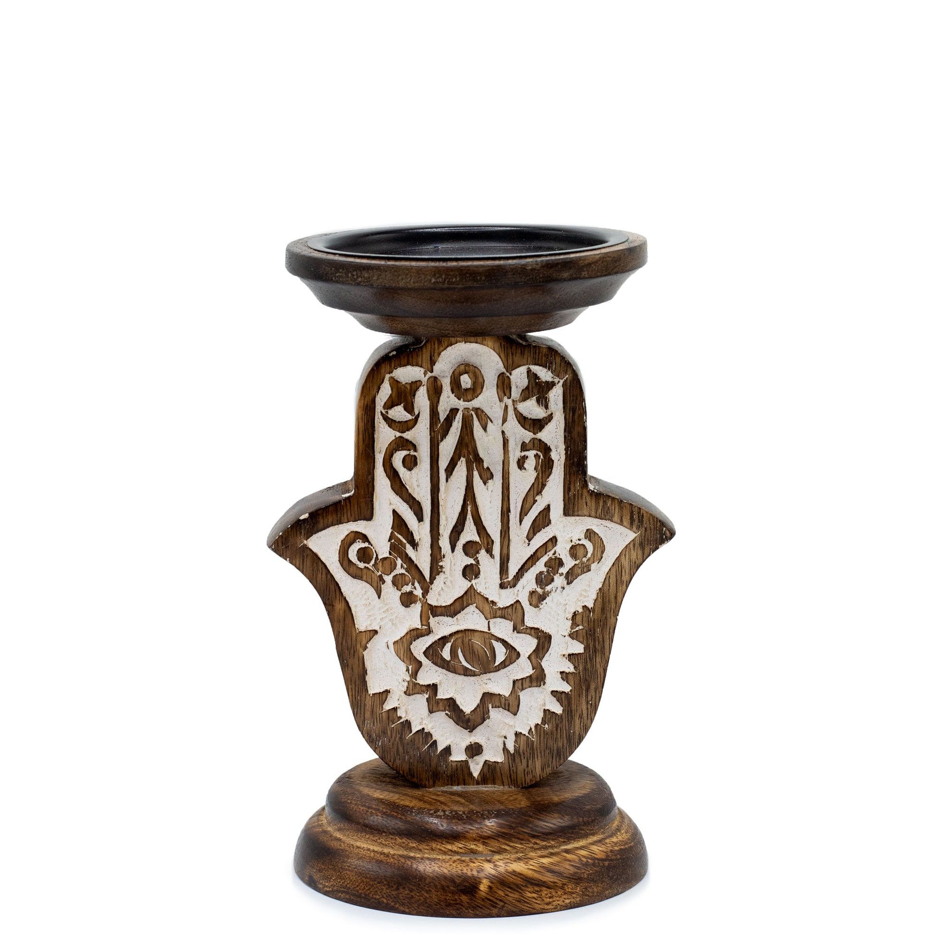 Small hand-carved mango wood candle holder featuring a detailed Hamsa symbol with natural wood grain finish.