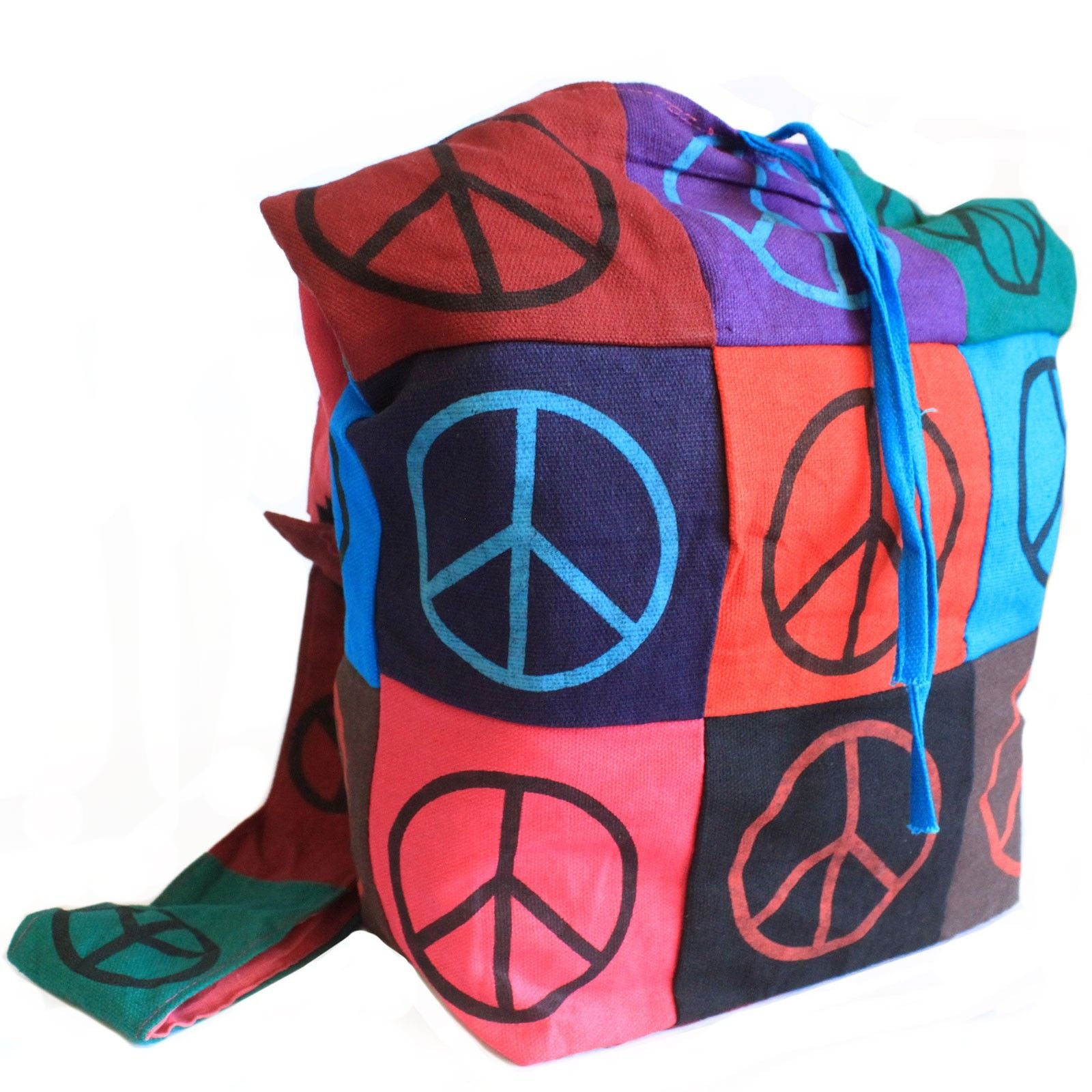 Vibrant multicoloured cotton patch sling bag featuring a peace symbol and bohemian style fabric patterns.