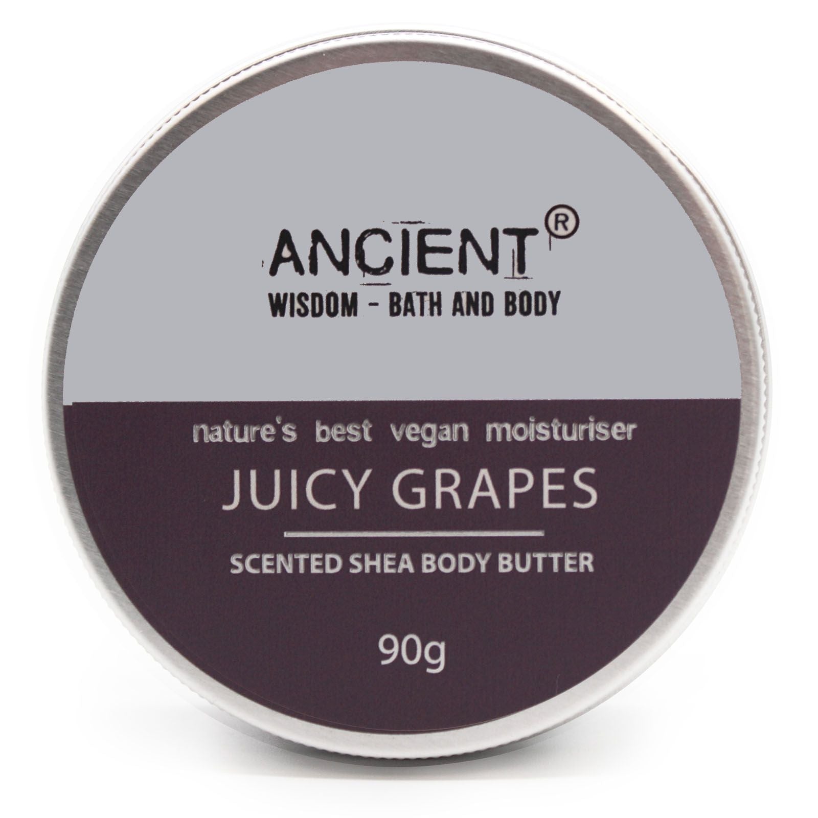 A 90g jar of creamy shea body butter with a label featuring purple grapes and a smooth texture.