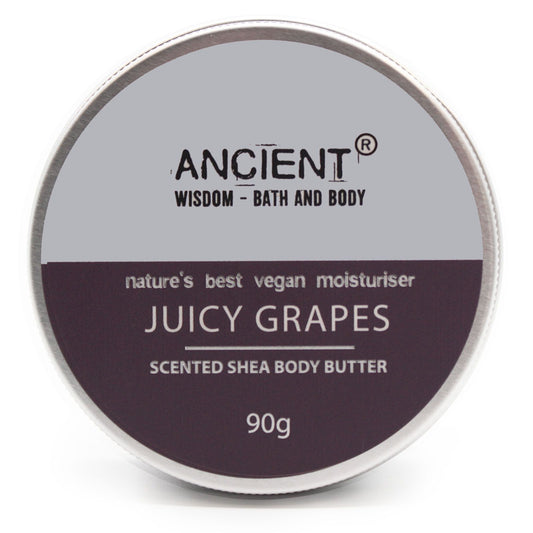 A 90g jar of creamy shea body butter with a label featuring purple grapes and a smooth texture.