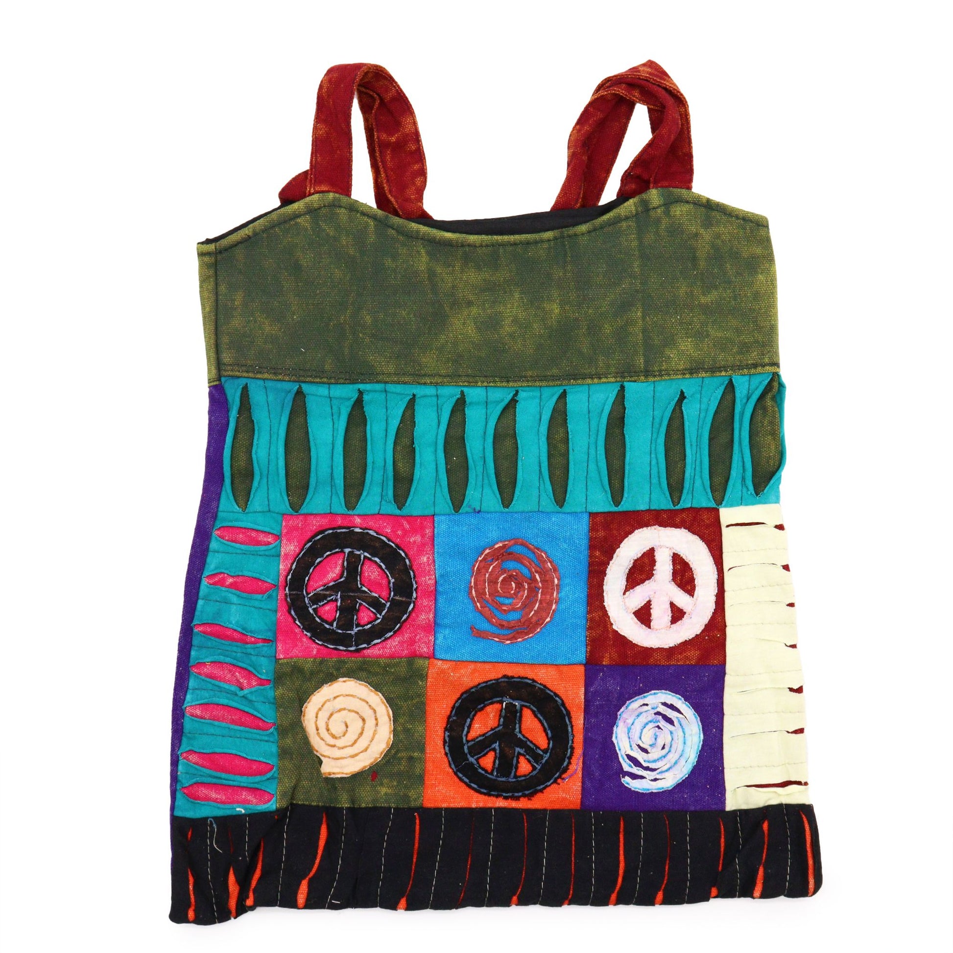 Handmade Indian ethnic peace bag with vibrant patterns and a long shoulder strap in a classic bohemian style.