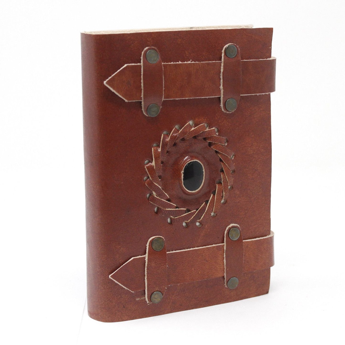 Handcrafted vintage-style black leather journal with decorative metal buckles and a wrap-around strap.