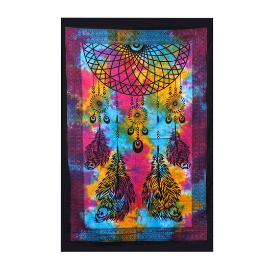 Intricately designed double cotton bedspread with a large dreamcatcher motif, suitable for use as a decorative wall hanging.