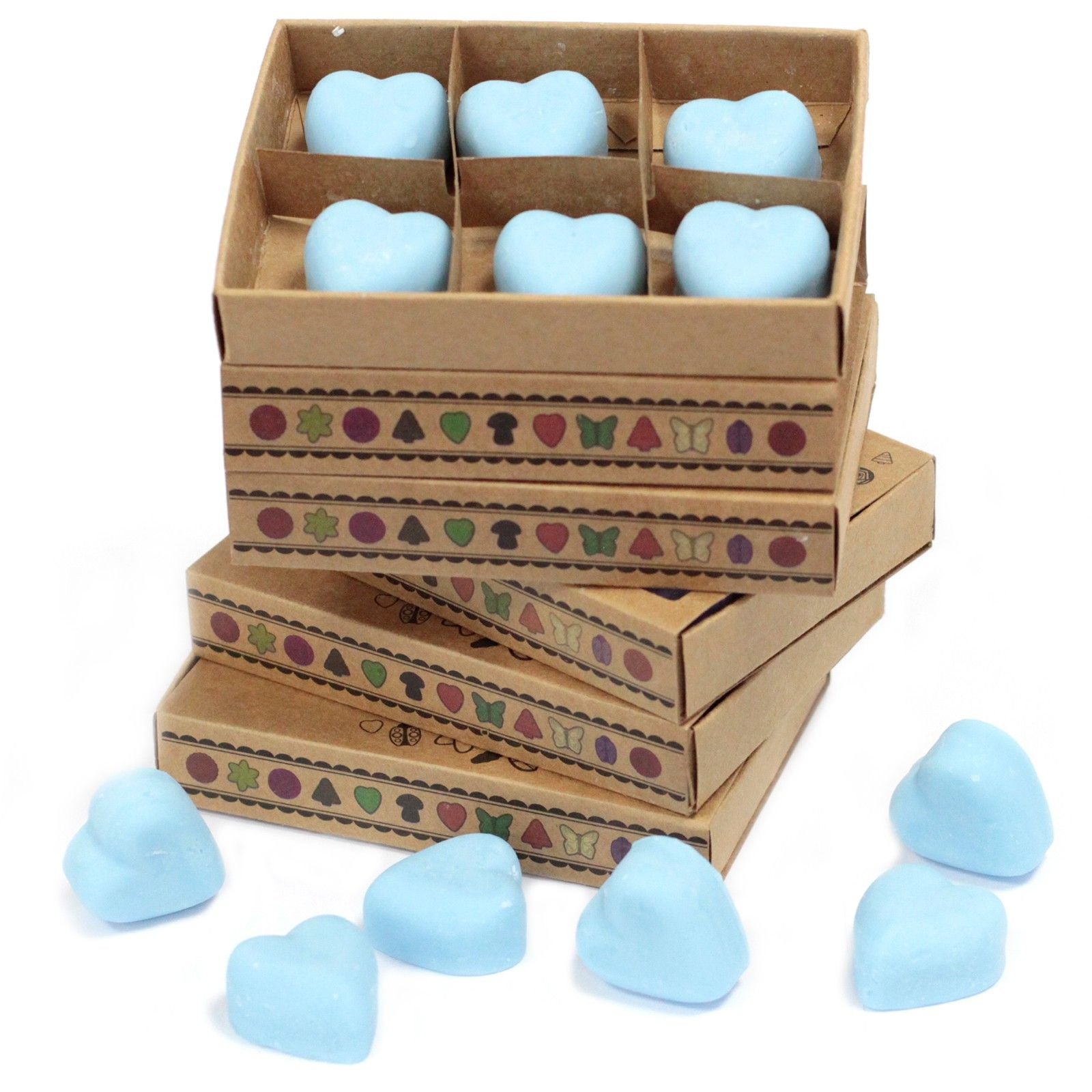 Six heart-shaped purple dewberry scented soy wax melts arranged in a decorative matchbox style gift box.