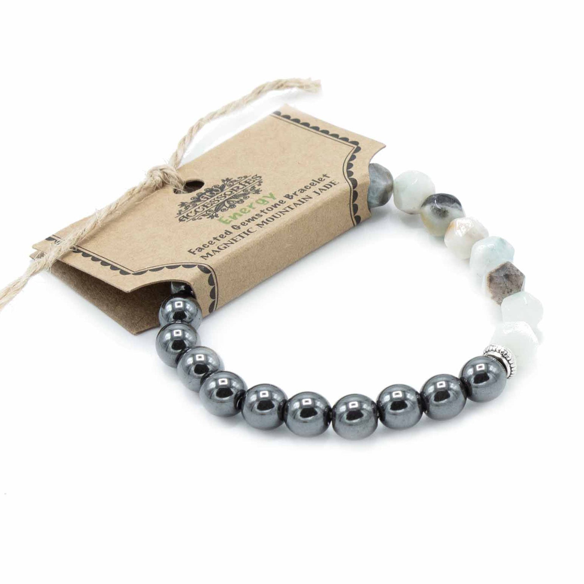 Close up of a faceted green mountain jade gemstone bead bracelet showing light reflecting off the sparkling surfaces.