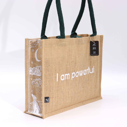 Large eco-friendly jute tote bag featuring a mystical moon and wolf design with the empowering text I am Powerful.