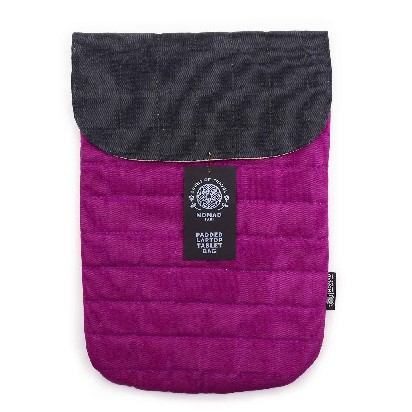 Purple stonewashed cotton padded laptop sleeve with a dark charcoal top flap and quilted texture.