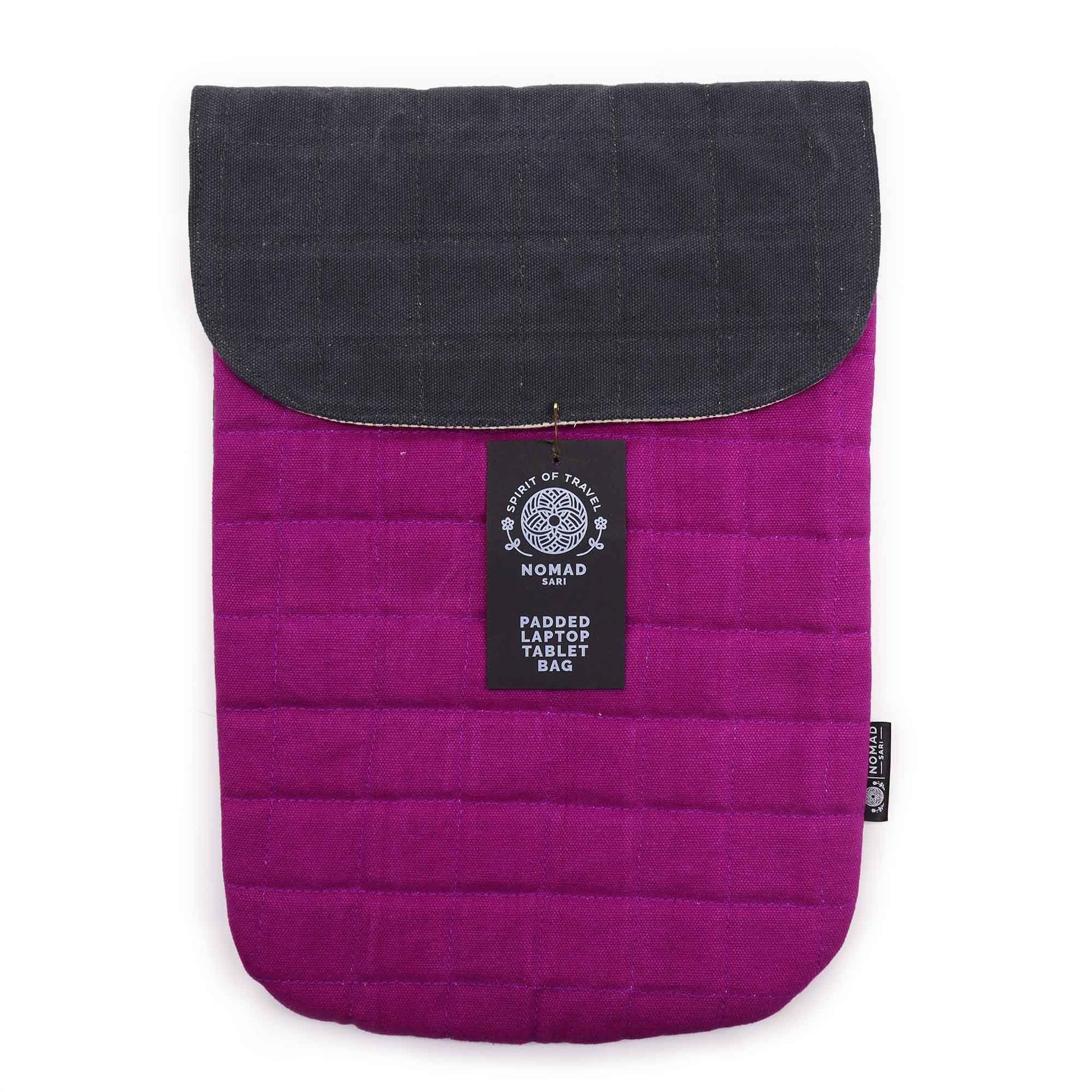 Purple stonewashed cotton padded laptop sleeve with a dark charcoal top flap and quilted texture.
