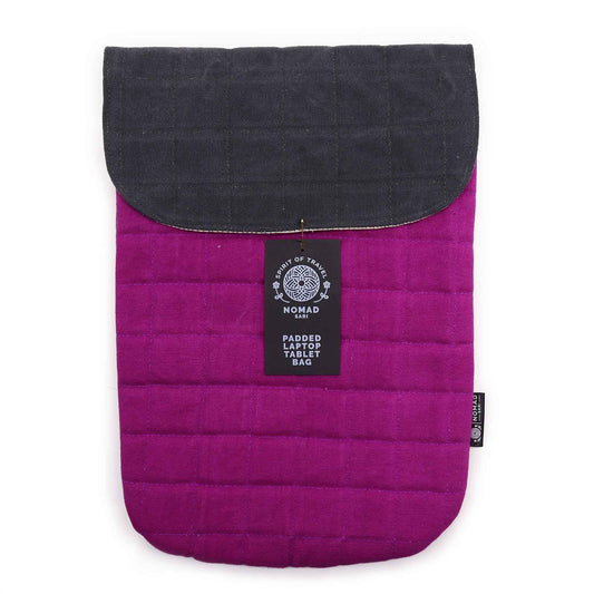 Purple stonewashed cotton padded laptop sleeve with a dark charcoal top flap and quilted texture.