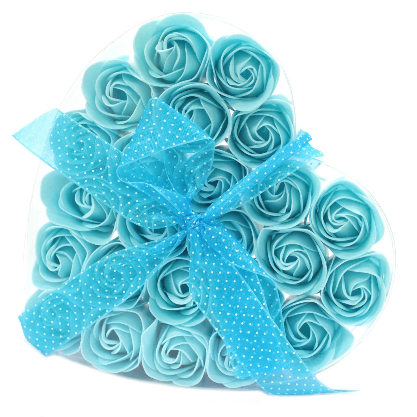 Heart-shaped gift box filled with twenty-four realistic blue soap rose petals for a luxury bathing experience.