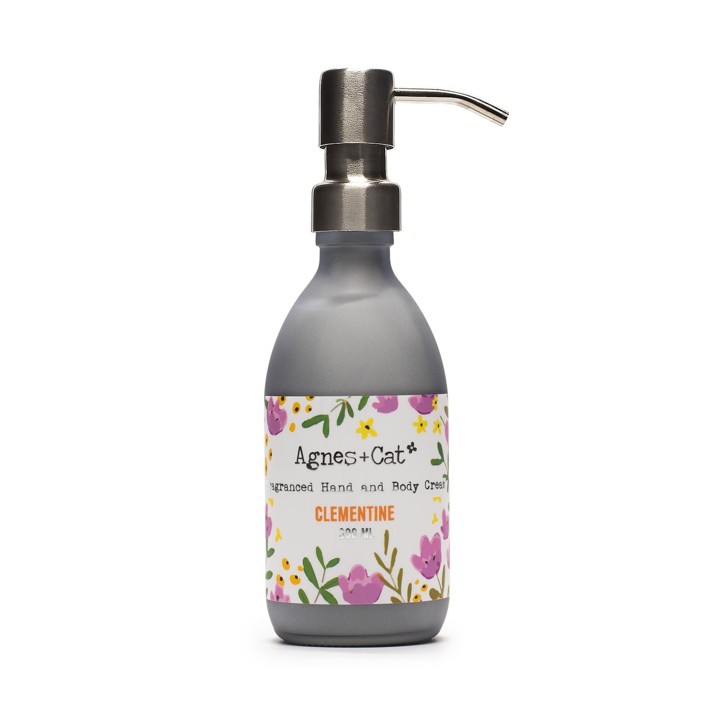 Smooth white hand and body cream in a recyclable jar, featuring a fresh citrus scent and creamy texture.
