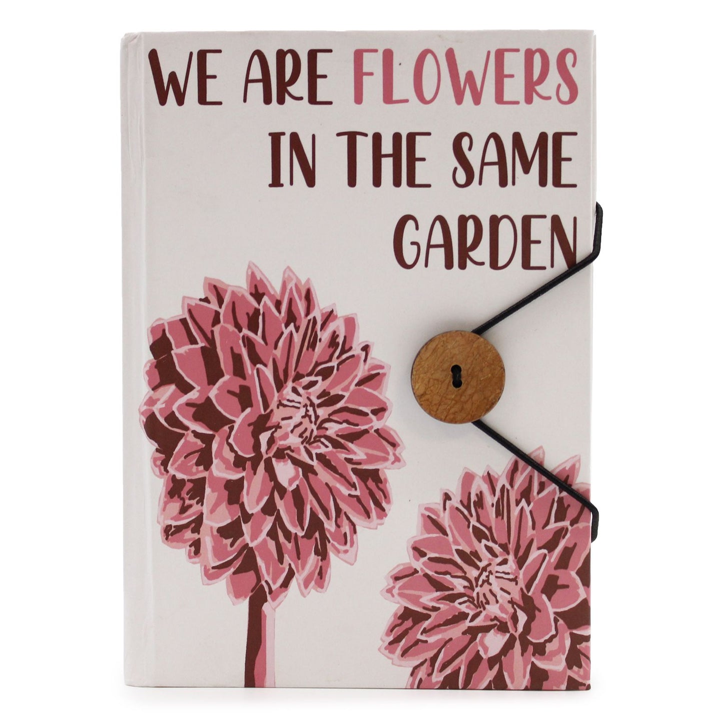 Eco-friendly recycled notebook featuring a vibrant floral garden design and a secure elastic closure strap.