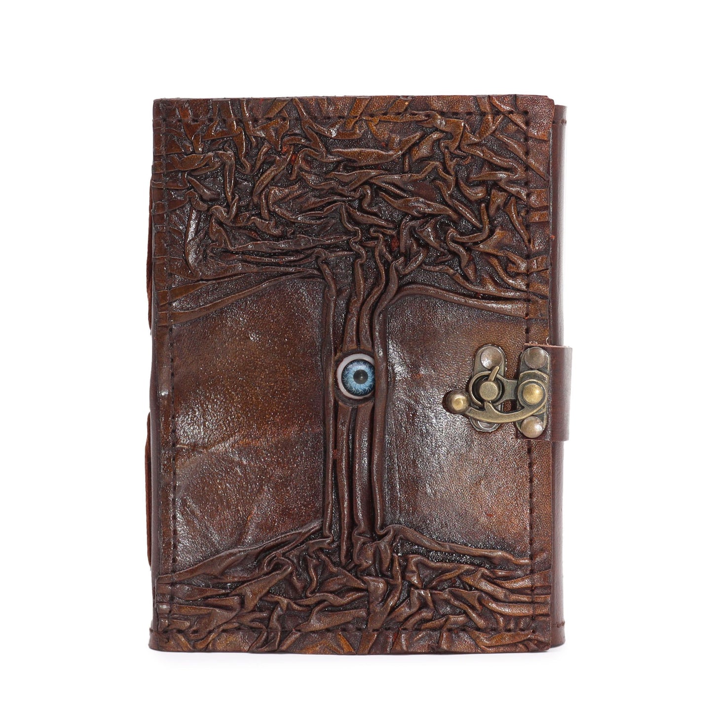Handcrafted black and tan leather journal with a protective evil eye design and textured deckle-edged paper.