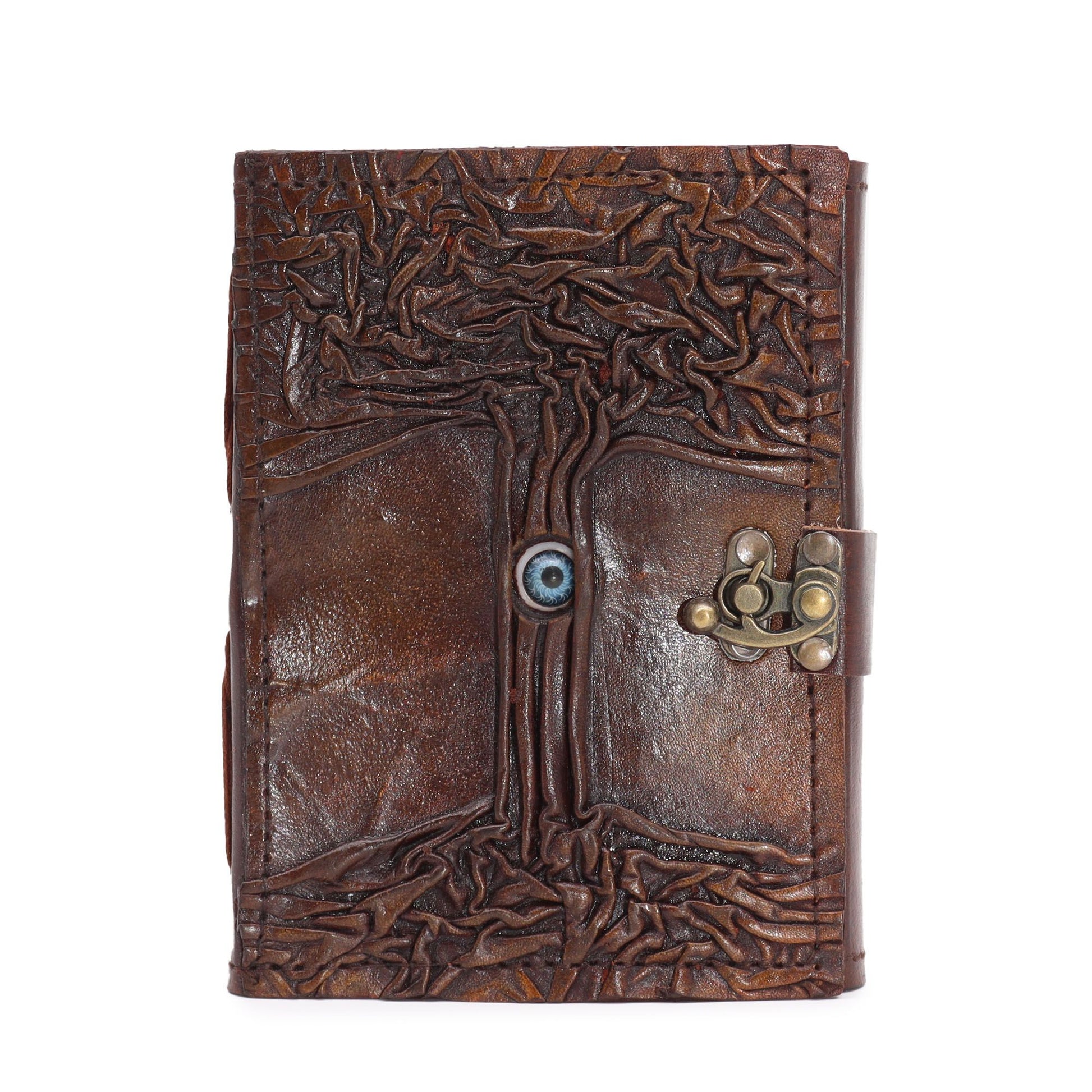 Handcrafted black and tan leather journal with a protective evil eye design and textured deckle-edged paper.