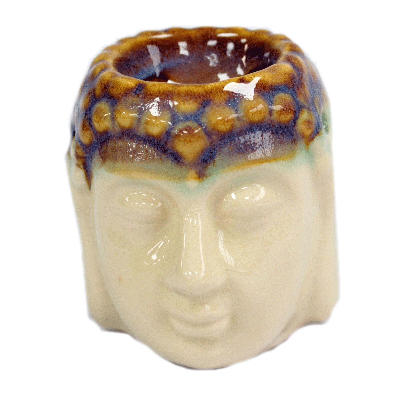 Serene Buddha head oil burner with a decorative ivory and mint green glaze finish.