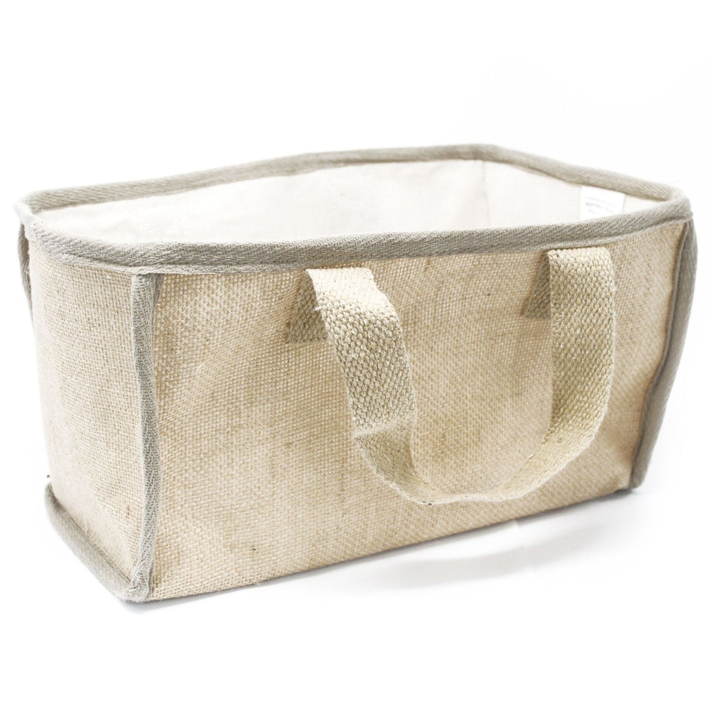 Large rectangular natural jute and cotton shopping basket with soft strong handles and a neutral woven texture.