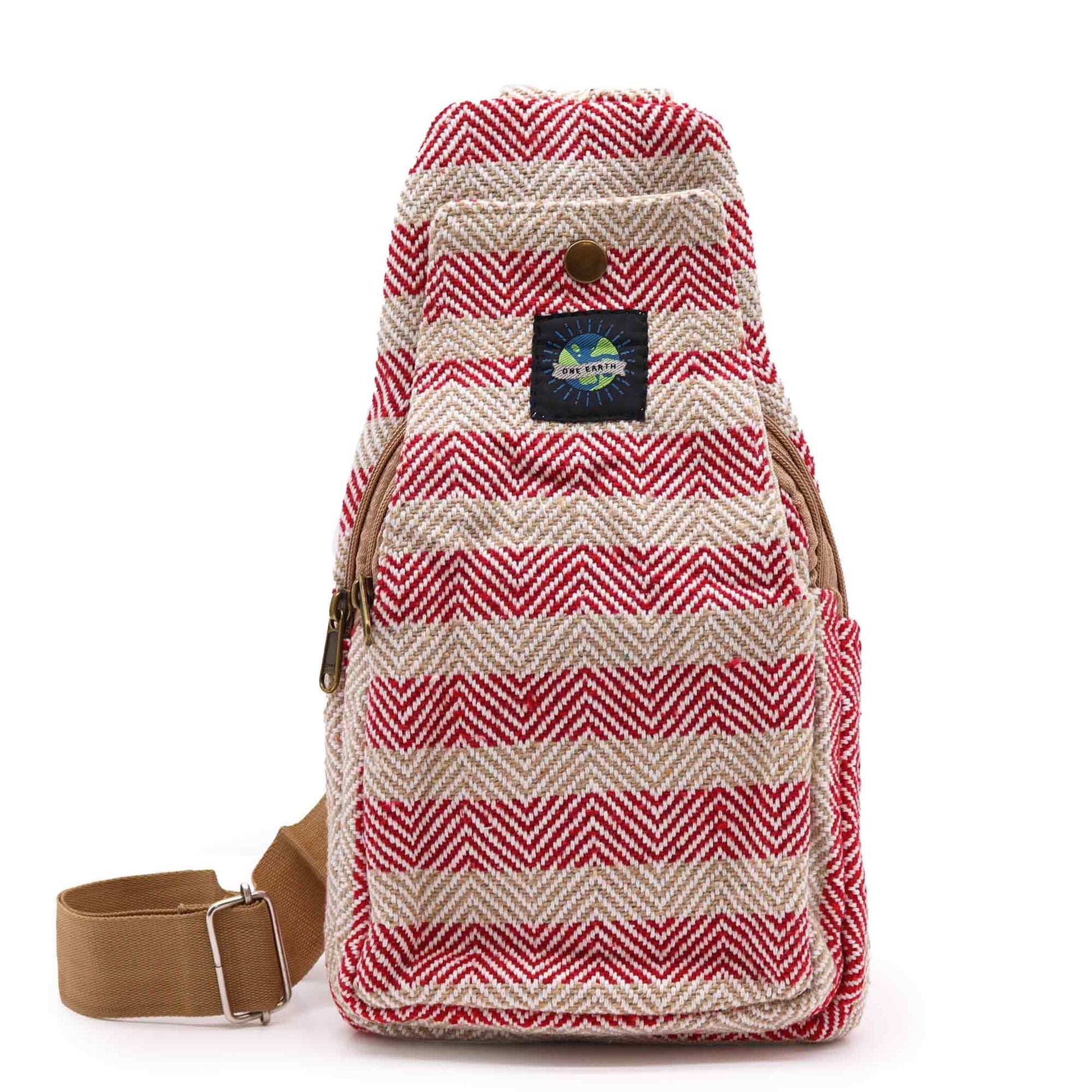 Charming tan and pink natural cotton cross-body bag with a durable nylon strap and a minimalist eco-friendly design.