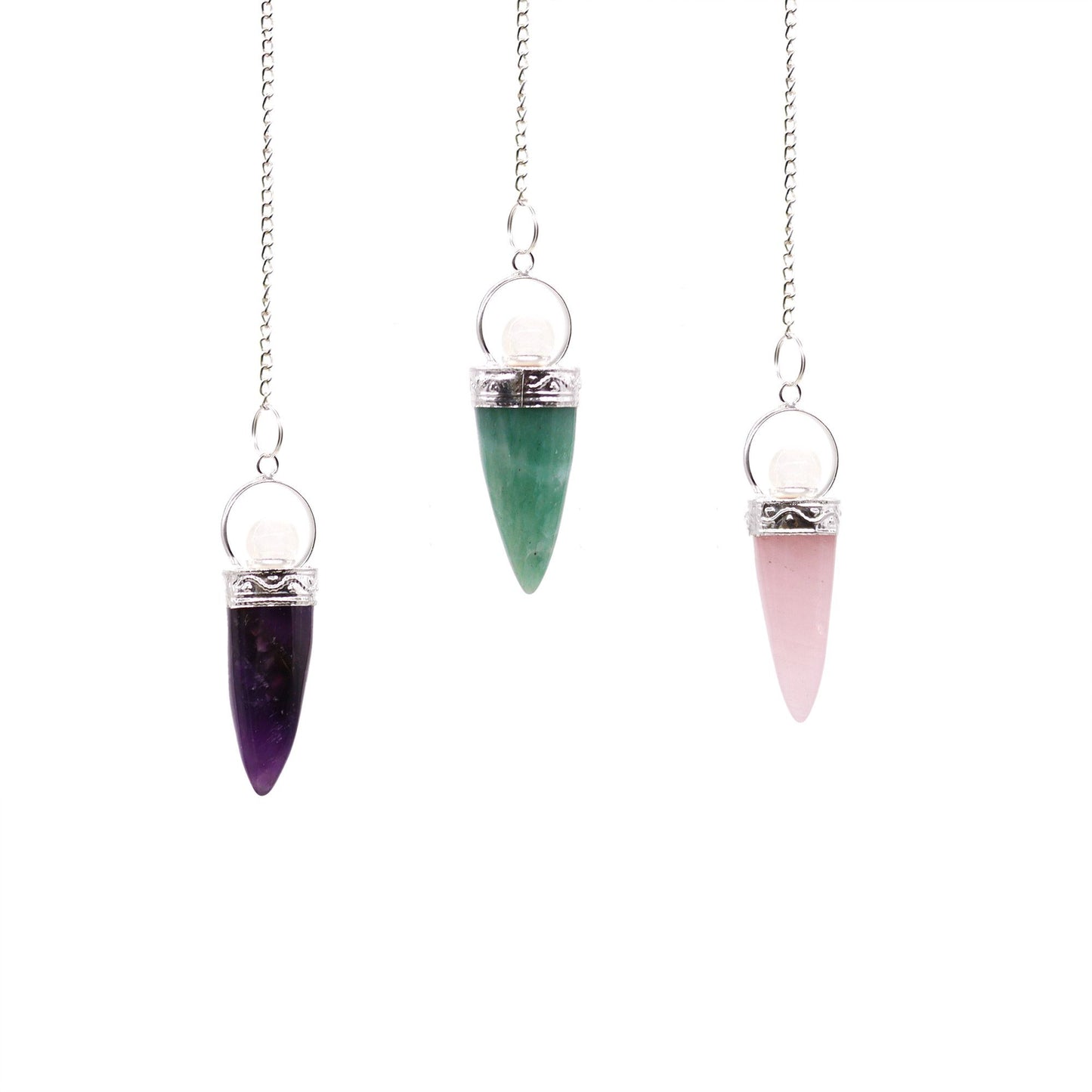 Crystal cone pendulum with a silver ring and chain, featuring a small gemstone bead on a white background.