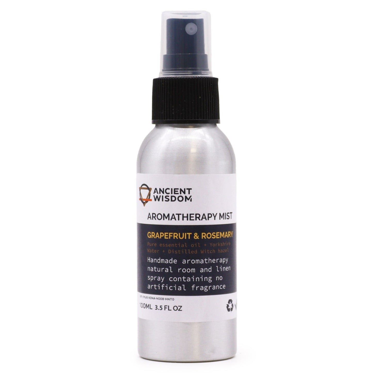 Clear 100ml glass bottle with a spray nozzle containing Grapefruit and Rosemary aromatherapy room mist.