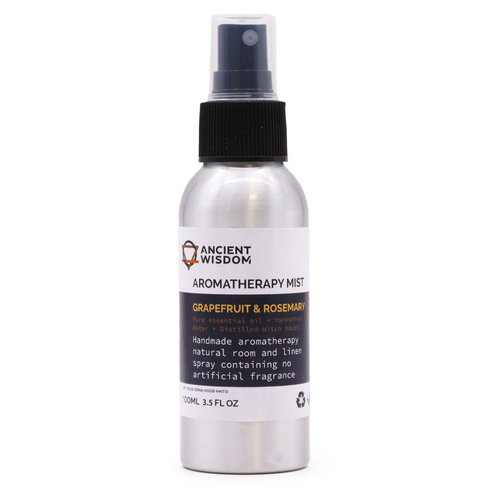 Clear 100ml glass bottle with a spray nozzle containing Grapefruit and Rosemary aromatherapy room mist.