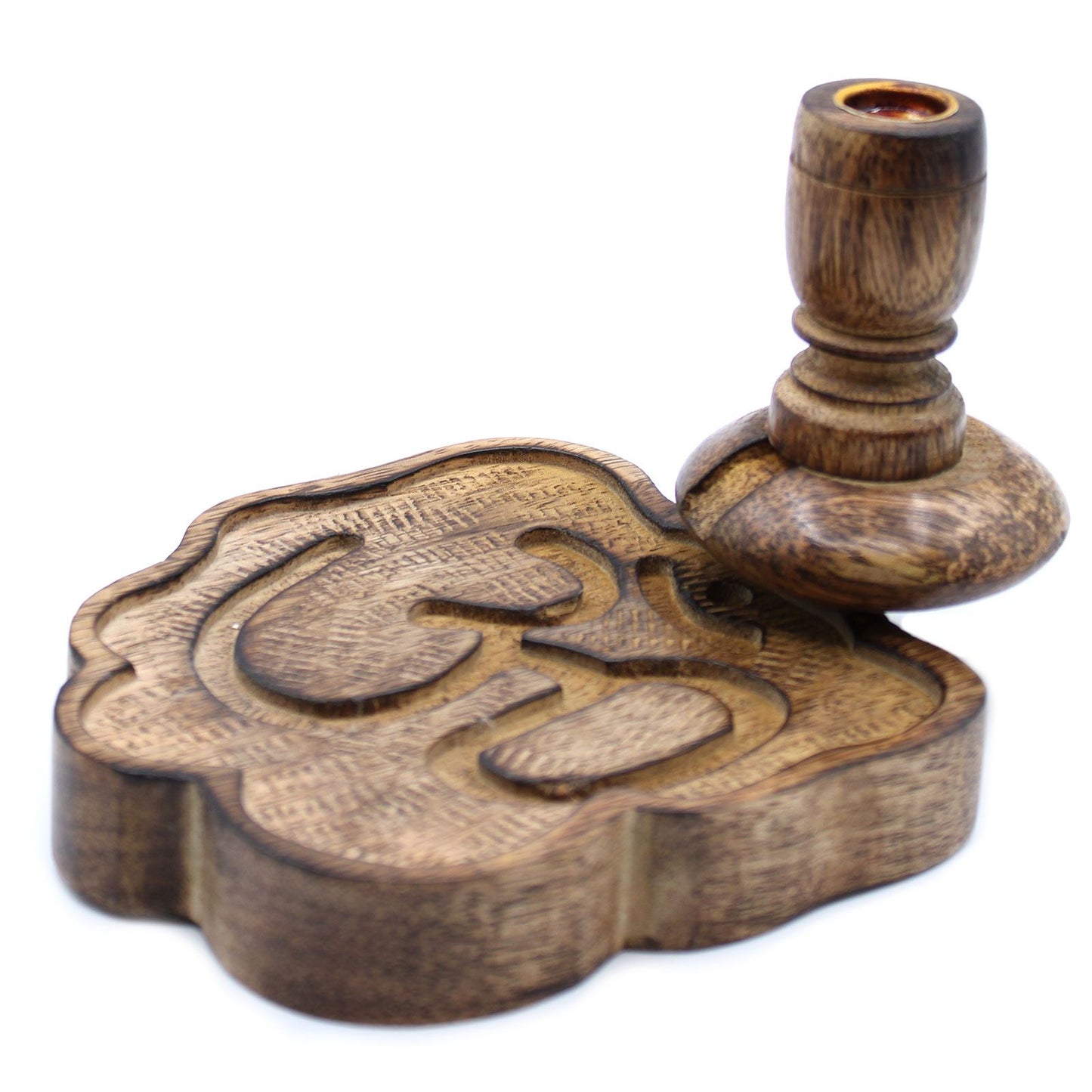 Small round mango wood backflow incense burner with a carved Ohm symbol on the side.