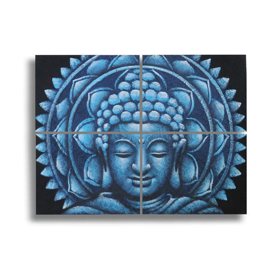 Four blue Buddha mandala paintings with ornate brocade borders, each measuring 30 by 40 centimetres.