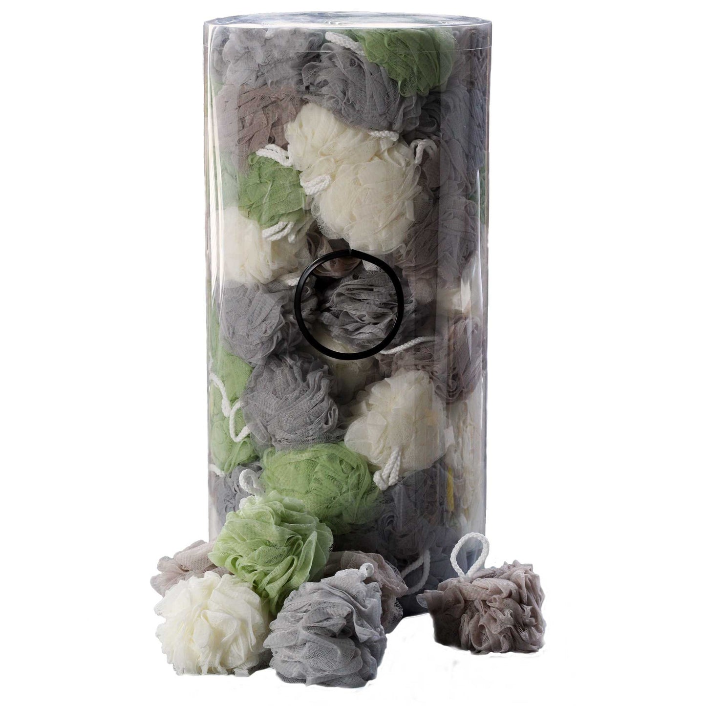 Set of four bath scrunchies in assorted earthy neutral tones, ideal for gentle skin exfoliation.