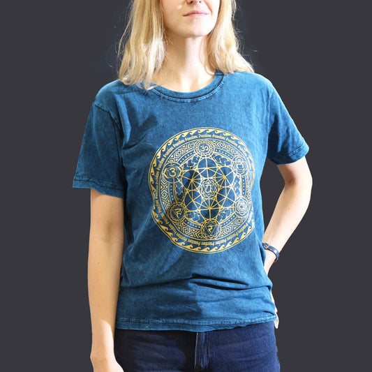 Small blue stone washed t-shirt featuring a vertical chakra symbol design on the front.