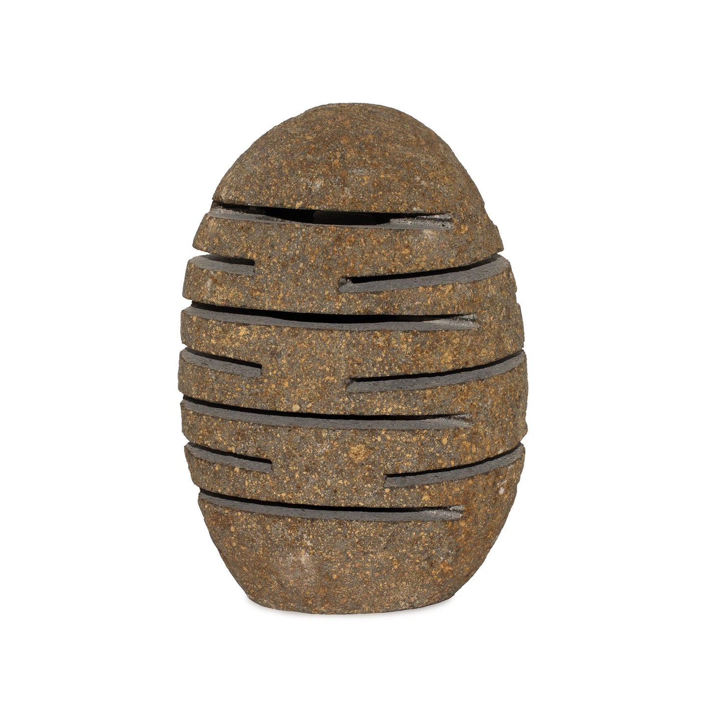 Tall standing candle holder carved from natural grey riverstone with textured layers and organic stone finish.