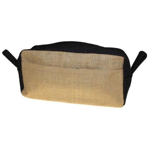 Eco-friendly jute toiletry bag in a natural tan colour with a stylish black base and secure zip fastening.