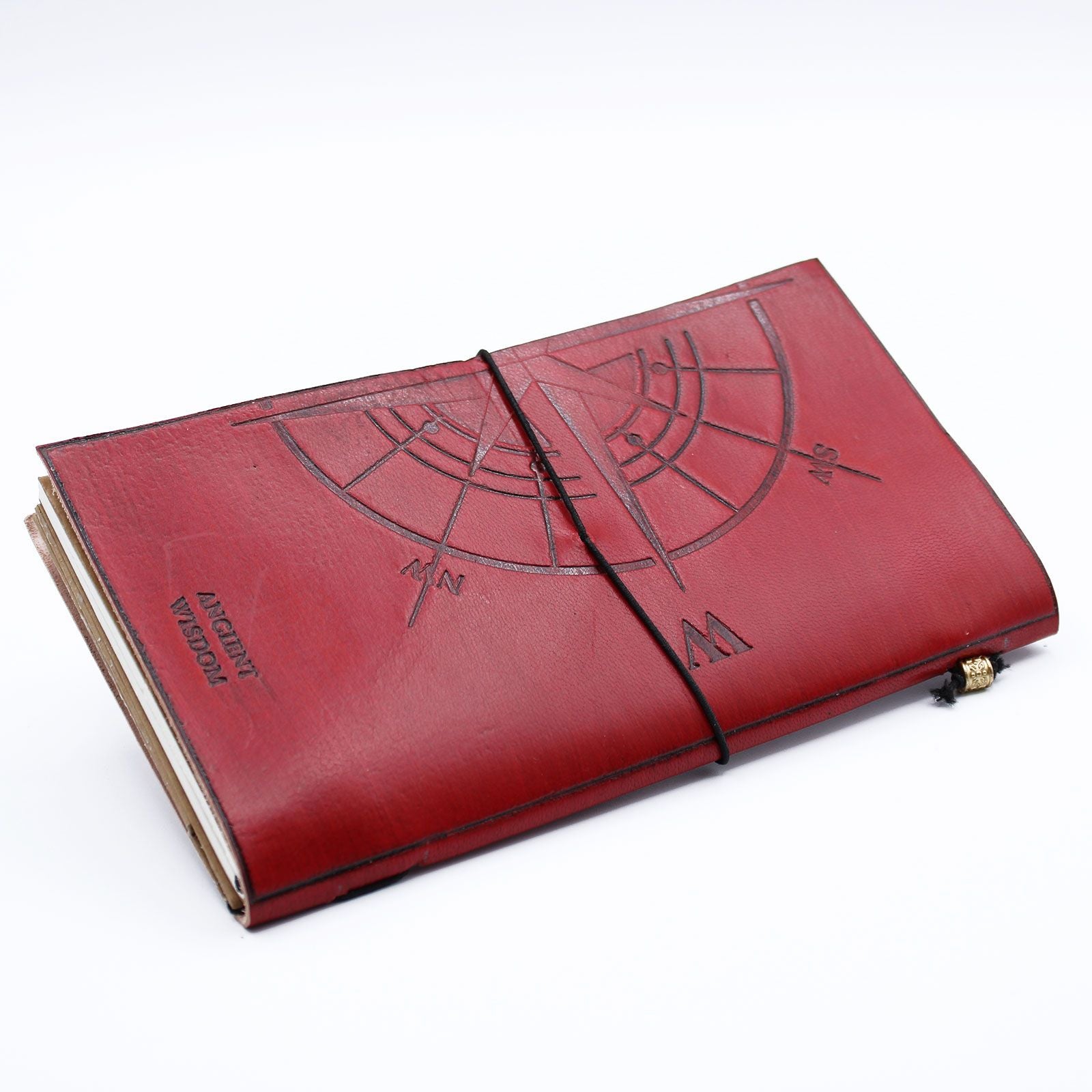 Handmade red leather journal with an embossed quote reading The Adventure Begins and a slim wrap-around tie closure.