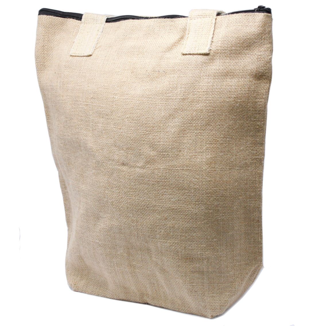 Large natural eco-friendly jute shopping bag with soft cotton handles and a secure zip closure.