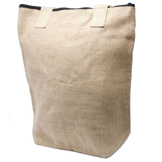 Large natural eco-friendly jute shopping bag with soft cotton handles and a secure zip closure.
