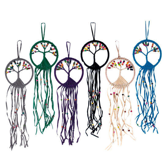 Handmade 12cm macrame dreamcatcher featuring a woven Tree of Life design with hanging feathers and beads.