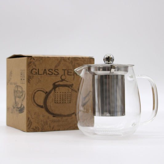 Elegant contemporary glass teapot with a built-in infuser for brewing loose leaf tea.