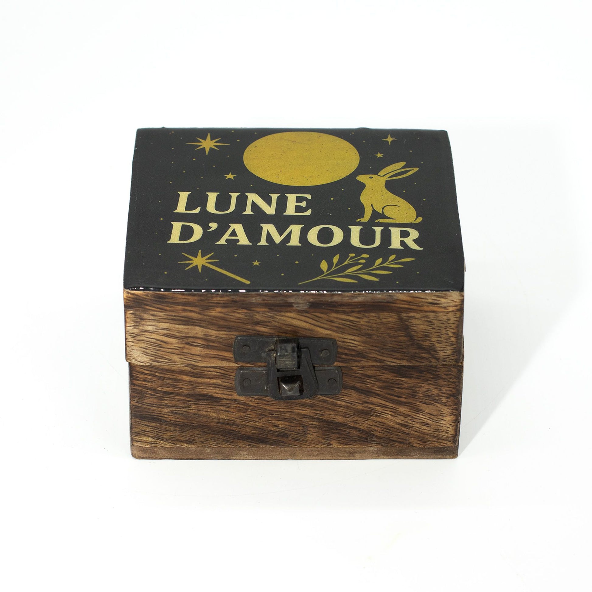 Small round mango wood box with an enamelled lid depicting a golden moon, stars, and a hare against a dark night sky.