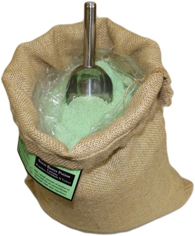 Large rustic hessian sack filled with aromatic aromatherapy bath salts and botanicals.