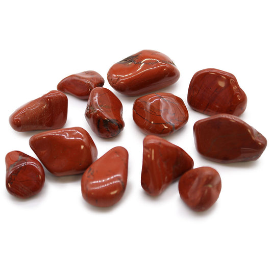 Polished medium-sized red jasper tumble stones with deep terracotta hues and smooth surfaces.