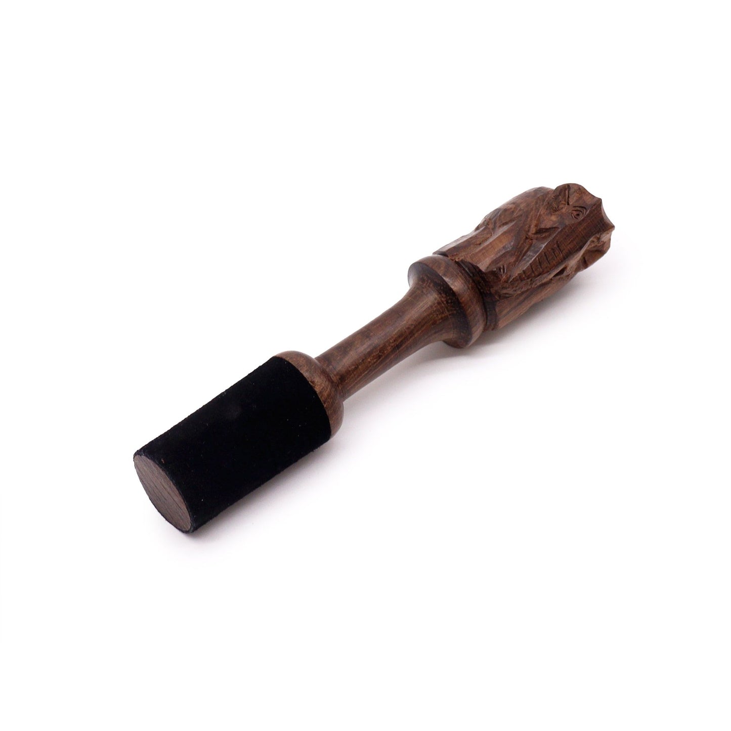 Handcrafted 14cm wooden striker for singing bowls featuring a detailed decorative elephant carving on the handle.