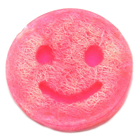 Brightly coloured exfoliating bar soap with a textured surface and sweet bubblegum theme.