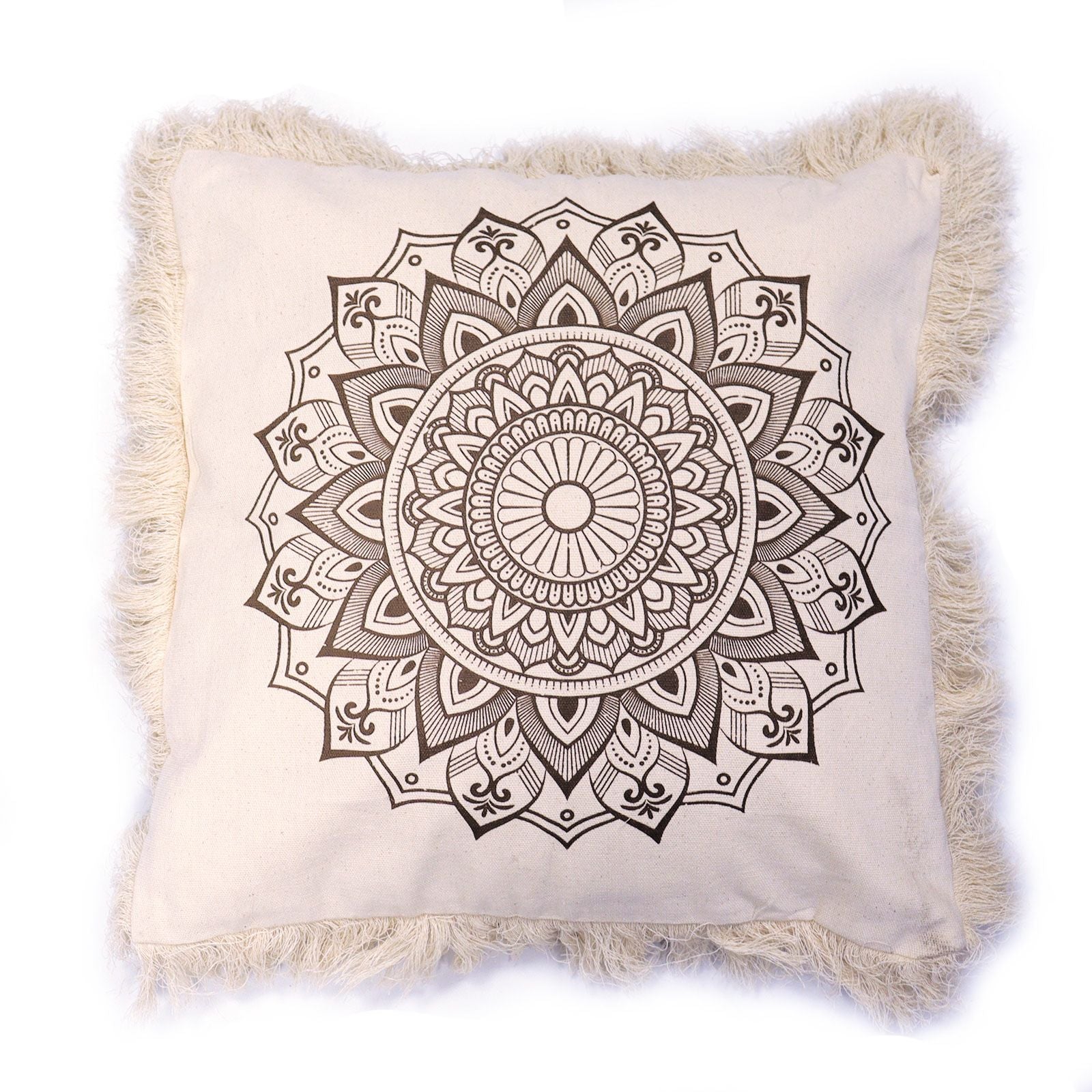 Large square bronze cushion cover featuring an intricate white lotus mandala design in a bohemian style.