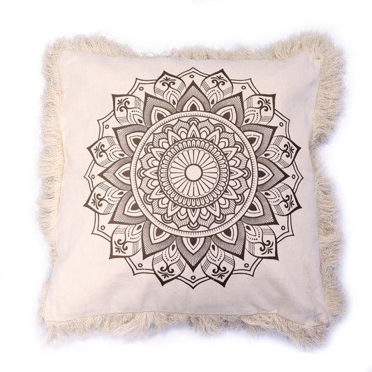 Large square bronze cushion cover featuring an intricate white lotus mandala design in a bohemian style.
