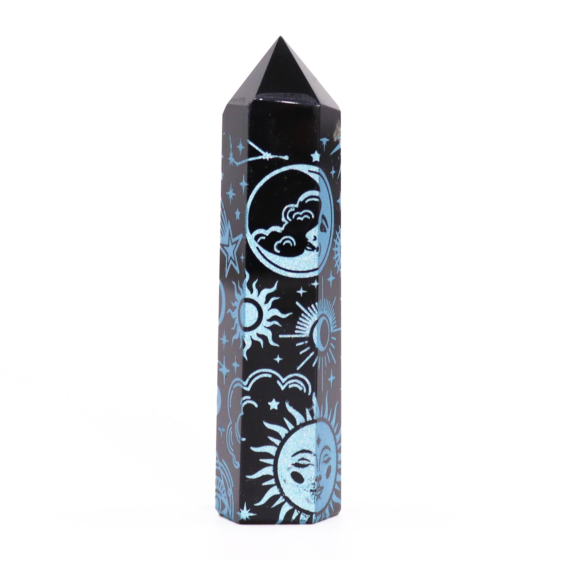 Polished black obsidian crystal point with intricate sky blue celestial patterns and a sharp tapered tip.