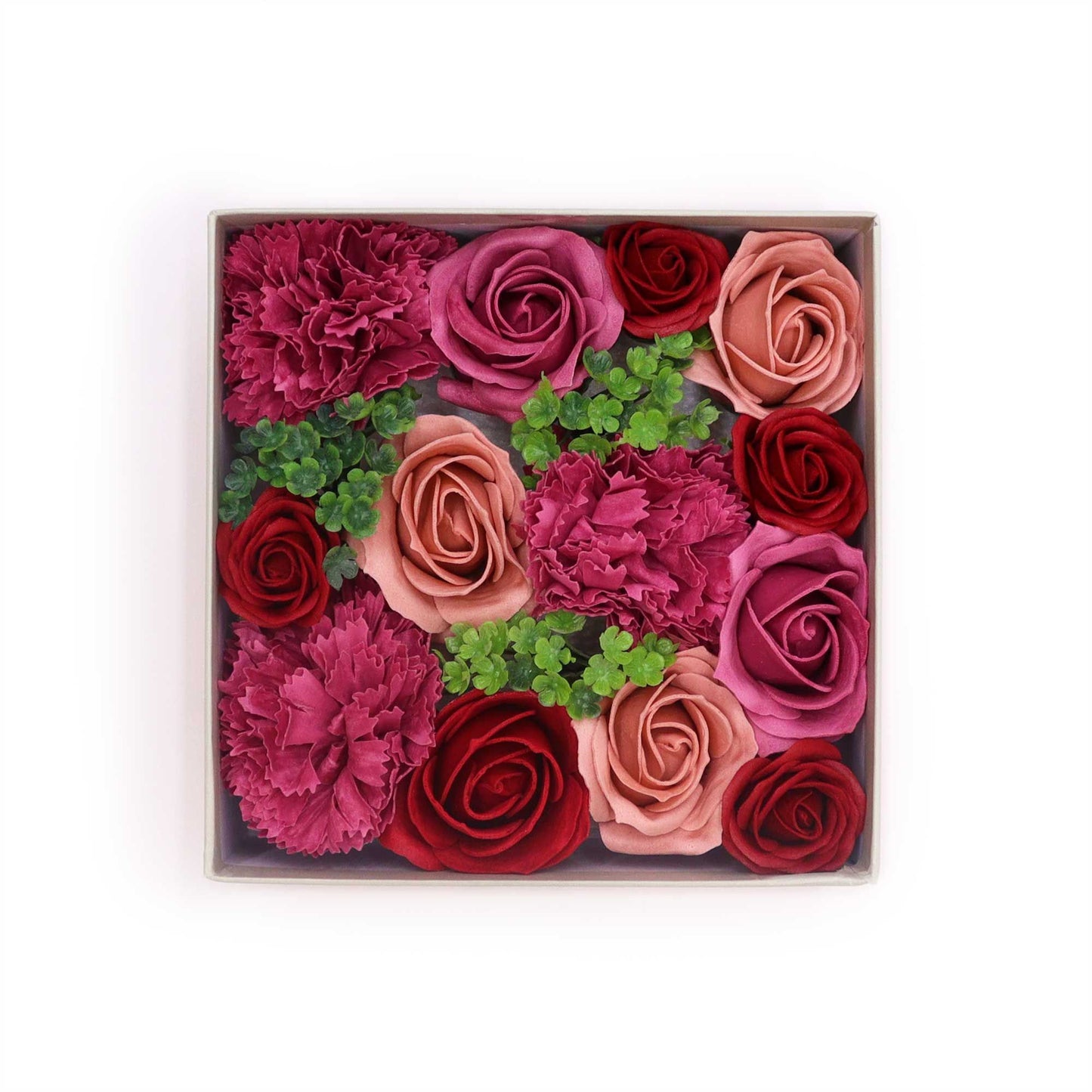 Square gift box filled with realistic, delicately crafted pink soap roses in a classic vintage style.