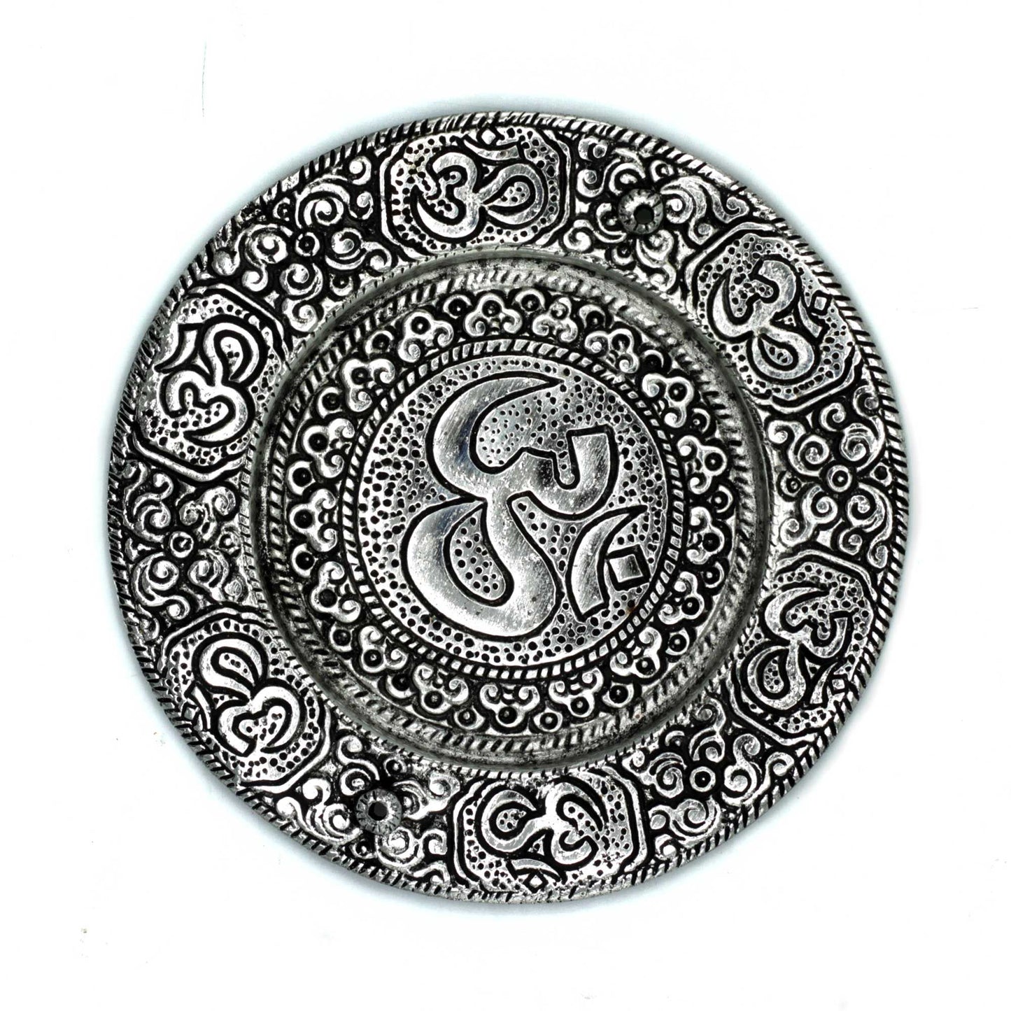 Circular polished silver aluminium incense holder featuring an engraved sacred Om symbol in the centre.
