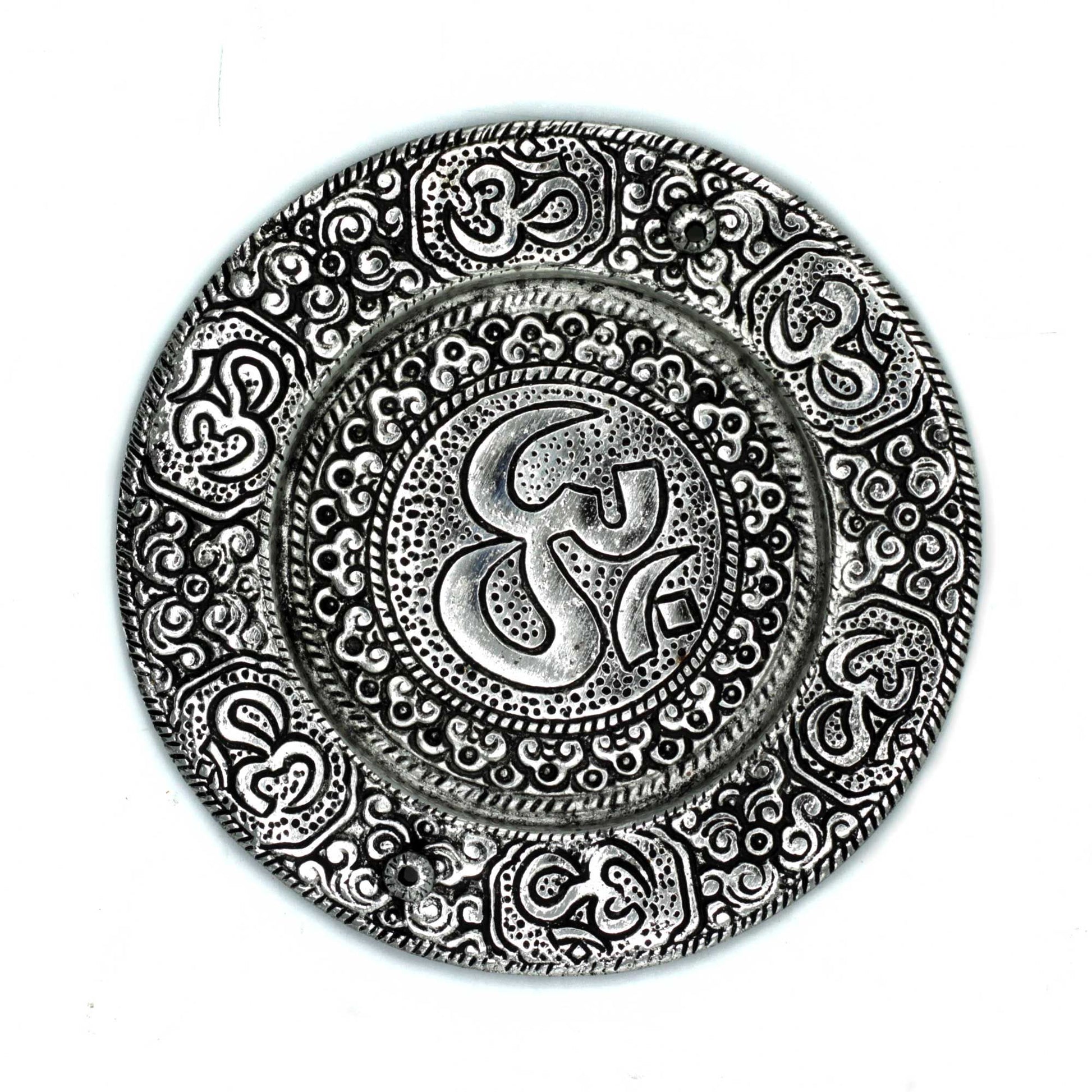 Circular polished silver aluminium incense holder featuring an engraved sacred Om symbol in the centre.