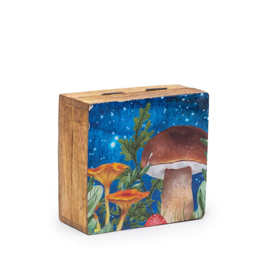 Small square teal enamelled box with a detailed white and red mushroom design on the lid.